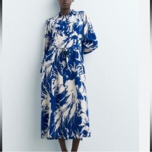 NWT ZARA The Emilie blue Printed Button Top Midi Dress Size small